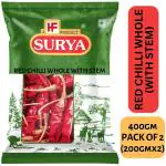 Surya 400g Red Chilli (Lal Mirchi) Whole With Stem(Pack of 2; 200gm x 2) | Dried Whole Spices