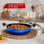 Master Non-Stick Kadhai with Glass Lid | 24 CM | 3 Litres | Blue | Induction Base Kadai | Non-Stick 3 layer Finish | Scratch Resistant | Dishwasher Safe | Metal Spoon Friendly| Thickness 2.6mm