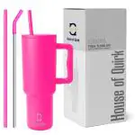 House of Quirk 1200ML Stainless Steel Tumbler Hot and Cold with Handle and Lid 2 Straw,100% Leak Proof Mug Cupholder for Gym, Travelling (Raspberry)