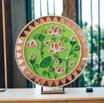 Chitra Artworks Wood Lotus Handmade Mud Mirror Painting for Wall Decor (Orange) 31 x 31 x 2 cm