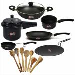 Skala Hard Anodized [Non-Induction] Family Pack of 3Ltr Cooker|Kadai 24 cm|Sauce Pan 14 cm|Tadka Pan 12cm|Fry Pan 24cm|Concave Tawa 30 cm 3mm | Set Of 7 Wooden Spoons