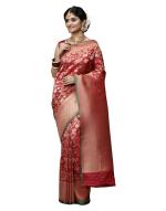 V Vervee Couture Women's Poppy Red Handwoven Banarasi Saree With Zari Border