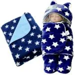 BRANDONN Navy Blue Hooded Microfiber Wearable Baby Blanket Cum Wrapper (0-6 M) 2 pcs