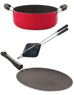 Nirlon 3 pcs of Red, Black 3 Layer Non-stick Aluminium Coated Pots and Pans Cooking Combo Set