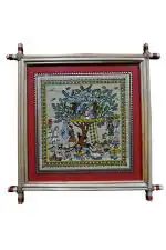 Village Kraft Patachitra Tribal Life Activities Palm Leaf Painting Framed with Cane Stick 22.86 x 22.86 cm