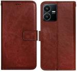 AmericHome Vivo Y22, V2207 Black, Brown Artificial Leather Mobile Flip Cover