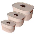 Kuber Industries Unbreakable Multipurpose Storage Baskets with lid|Design-Netted|Material-Plastic|Shape-Oval|Color-Beige|Small,Medium and Large|Pack of 3