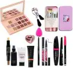 Toroka Women Makeup Kit Combo (Eyeshadow, Curler, 7 pcs Brush, Puff, Eyeliner, Black Pencil, 3 In 1 Mascara, Foundation, Eyelash With Glue, Primer, Fixer, Contour Stick) pack of 12