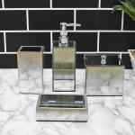 Kookee Glass Mirror Bathroom Accessories Set of 4 includes Soap Dish, Toothbrush Tumbler, Toothbrush Holder, Dispenser Pump used to refill Liquid Bath Gel, (8347)