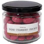 Roasted Almond Chocolate Strawberry Healthy Sweet Snack Dry Roasted No Butter Oil Crunchy Badam coated in White Chocolate infused Strawberry All Natural No Preservatives Vegan Glass Jar 200g