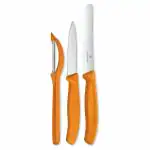 Victorinox, Swiss Classic, Kitchen Knife, Set of 3, Sharp Straight Edge and Wavy Edge Knives with Stainless Steel Universal Peeler, Orange, Swiss Made