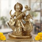 ARTVARKO Brass Maa Saraswati Statue Sitting on Swan - 7 inch