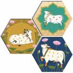 RAC Set of 3 Hexagon Kalamkari art of cow Wall Decor UV Wall Painting 17X17 INCH-4