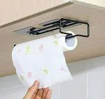 Decorlay Self Adhesive Kitchen Acessories Stand 3 in 1 Wall Mounted Multi Functional Kitchen Rack Bathroom Accessories, Tissue Paper Rack, Towel Bars, Wine Glass Holder | Color - Black