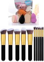Bingeable Multicolor Foundation Brush Make Up Brushes Natural Bamboo Professional Makeup Set Blending Tool Cosmetic Kits With Family Sponges Puff (Set Of 10)