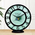 Random Peacock Feather 8 Inches Plastic Wall Cum Table Clock for Home / Office, ( Black Frame)