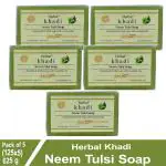 Herbal Khadi Natural Neem Tulsi Handmade Soap with Vegetable Oil, Neem & Tulsi for Skin Lightening & Brightening Soap skin hydrated & prevent Dryness for all Skin type for Men and Women (Pack of 5) (625 g)