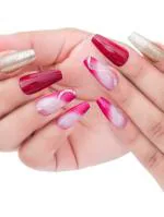Secret Lives Acrylic Press on Designer Artificial Nails Extension Reddish Maroon Color Golden Glitter Design Fake Nails Design 24 pcs Set with Kit