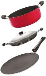 Nirlon 3 pcs of Red, Black Non-stick PFOA Free Kitchen Utensils Combo Set with Bakelite Handle Standard
