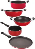 Nirlon Bakelite, Aluminium Red, Black Standard 2 Layer Non-Stick Coated Non-Induction Pots And Pans - 2.6Mm_Ft13_Kd12_Kd13_Spm_Cass20 (Pack Of 5)