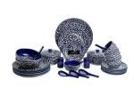 Caffeine Ceramic Handmade Blue Mughal Dinner Set (37 pieces - Microwave & Dishwasher Safe)