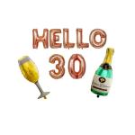 Festiko Hello 30 Rose Gold 30th Birthday Balloon Decoration Set, 30th Birthday Decor, 30th Birthday Balloon Banner, Sign (Hallo Letter, Number, 30, 1 Set Champagne, Glass Balloon)