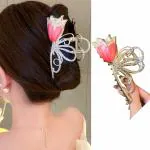 Samyak Hair Claw Rhinestone Rose Flower Metal Large Hair Clutcher Jumbo Shark Catch Clip For Women & Girls