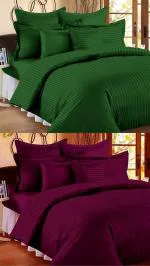 VORDVIGO Combo Pack of 2 Cotton Satin Stripes Plain Bedsheets for Double Bed with 4 Pillow Covers for Home, Hotels Rooms, Guest House (Color- Green & Maroon)