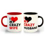 Whats Your Kick Couple Theme I Love My Crazy Wife and Crazy Husband Design Printed Red and Black Ceramic Set of 2 Coffee and Tea Mug 325 ML