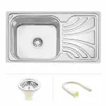 Ruhe Square Single Bowl with Drainboard 32 x 18 x 8 inches Kitchen Sink | 304 Stainless Steel Square Single Bowl with Drainboard Kitchen Sink | Glossy Finish | Including Sink Coupling and Waste Pipe