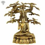 Kalakrithi Handcrafted Brass Buddha Statue Sitting Under a Tree 30.5 x 25.4 cm