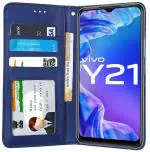 Unistuff Faux Leather Back Case Flip Cover for Vivo Y21 with ID Card Slot | Foldable Kickstand | 2 Card Slot | 1 Cash Slot - Executive Blue, 65052