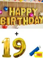 Festiko 19th Birthday Decorations Items (Happy Birthday Foil Balloon Pack Of 13 Letters, Gold, Number 19 Foil Balloons With Balloons Pump)