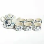 Meraki Mix Ceramic Tea Cups Set of 6 with Kettle | 150ml Microwave Safe Coffee Mugs | for Cold & Hot Drinks | Ideal Gift for Birthday | Anniversary | Family & Friend | (White, 6Cup + 1 Kettle)