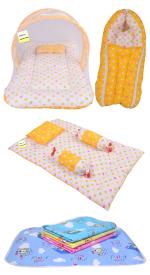 Kwitchy Combo of Baby Bedding | Bed with Net | Carry Bag | 4 Waterproof Sheets 4 Pcs Bedding Set (0-6 Months)