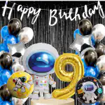 House of Banter Astronaut Theme 9th Birthday Decoration - 45 Balloons, 5pc Astronaut Foil, 1 Black Curtain, 1 Banner, 9 No Balloon (Space Astronaut 9th Birthday Theme Decoration for Boys / Kids)