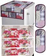 Kuber Industries Maroon Flower Design Fridge Mats Handle Cover And 3D Fridge Top Cover (Set Of 3)