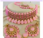 Gyaan Jewels Handmade Gold Plated Alloy Necklace, Earring and Maang Tikka Set Pink (Women, Girls) Free Size