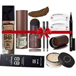 CLASSYHUDA PROFESSIONAL FOUNDATION, EYEBROW STAMP STENCIL KIT [BROWN], EYELINER & FACE POWDER. COMBO FACE MAKEUP KIT