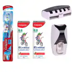 Colgate 360 Floss-tip Medium Bristle Toothbrush - 1 Pc + Colgate Kids Anticavity Toothpaste 6-9 Years, 160g (80g x 2), Natural Strawberry Mint Flavour, 0% Artificial + Free wall mount automatic toothpaste dispenser