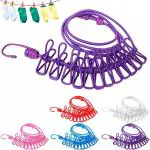 Homeleven Cloth Drying Rope with Hooks Elastic Hanging for 12 Clips Clothes Travel Home Outdoor Kapde Sukhane ki Rassi Wire -Multicolor