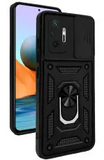 Jkobi Back Cover Case for Xiaomi Mi Redmi Note 10 Pro | 10 Pro Max (Tough Hybrid Armor | Ring Holder & Kickstand in-Built | Sliding Shutter Camera Protection | 360 Degree Protection | Carbon Black)