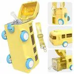 GipiBox Plastic Cute Bus Shape Water Bottle With Strap, Sipper, & Straw | Leakproof Bpa Free Kids Water Bottle, With Lock, 500Ml Capacity Moving Tyre Water bottle For School Kids