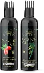 Desi Crew 100 Percent Pure Rosehip and Castor Hair Oil with Comb Applicator Cold Pressed for Skin, Body and Hair Care 100 ml Each
