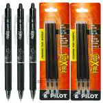 Pilot Frixion Clicker Erasable Roller Ball Pen and Refills | Tip Size - 0.7 MM | Retractable Pen With Dimpled Grip and In-built Eraser | Ink Colour - Black - 3 Pens and 6 Refills | Pack of 9