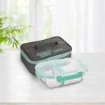 Allo FoodSafe 580ml x 1 Glass Microwave 450C Oven Safe Lunch Box with Break Free Detachable Lock , High Borosilicate , Office Tiffin with Canvas Grey flat Bag , Rectangle Divider