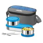 MILTON Master Stainless Steel Lunch Box (Oval Container, 450ml; 2 Leak Proof Round Container, 280 ml; Spoon & Fork) with Insulated Jacket, Blue | Tiffin | Food Grade | Easy to Carry | Odour Proof