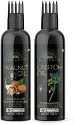 Desi Crew 100 Percent Pure Walnut and Castor Hair Oil with Comb Applicator Cold Pressed for Skin, Body and Hair Care 100 ml Each