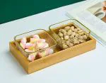 Saaikee Serving Bow with Bamboo Wooden Tray for Snacks Fruits Dry Fruits Multipurpose Use (Set of 3) (2 Bowls & 1 Tray) (Square)