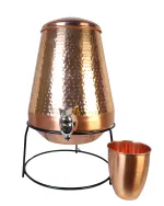 GG Copper Water Dispensor 6 Ltr Classic Glossy Hammered Finish with Iron Stand & Copper Glass